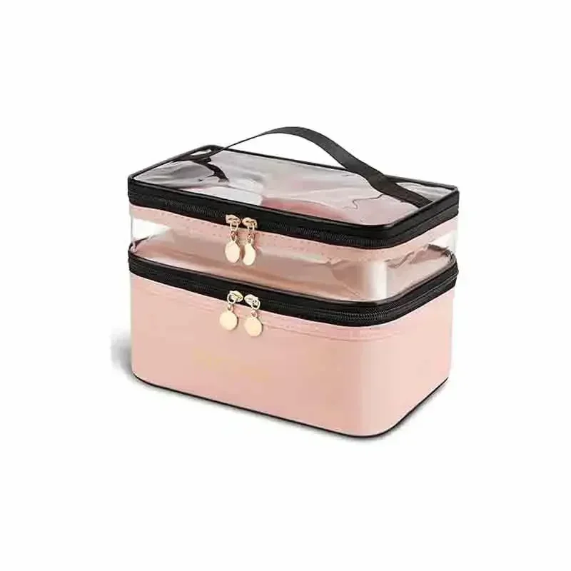 SL02 Bolsas de cosméticos para mujer Bolsa de cuidado de la piel de viaje grande de doble capa de cuero transparente