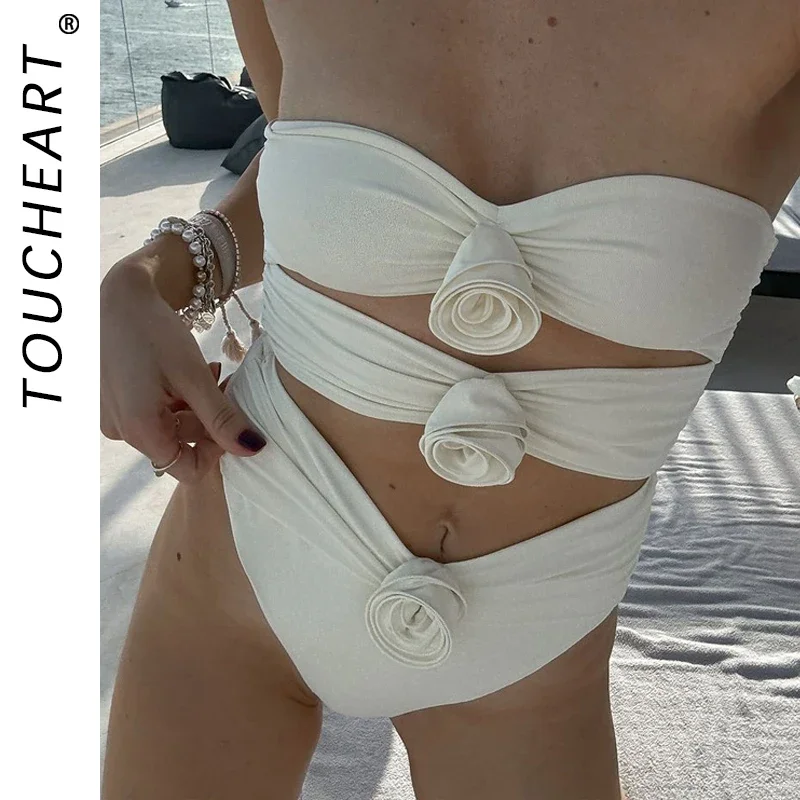 Toucheart-maiô de uma peça com flor 3d, cintura alta, top halter, push up biquíni, desgaste da praia, para as mulheres