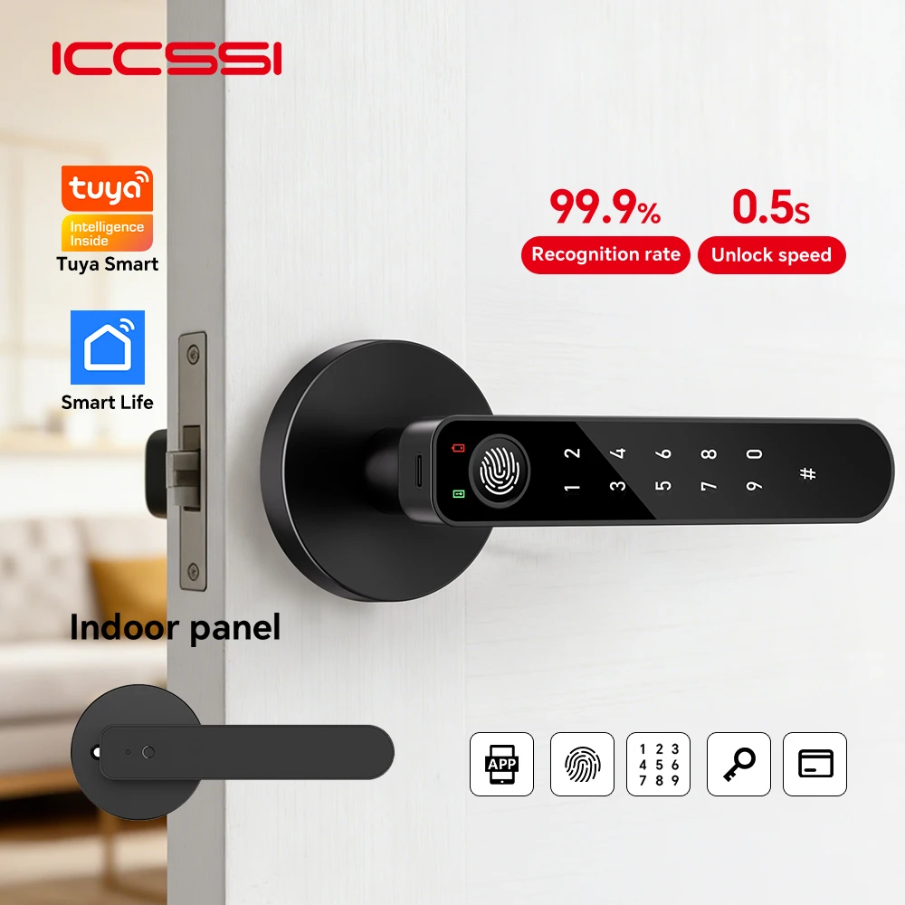 ICCSSI Smart Door Lock Fingerabdruckschloss Fingerabdruck/Tuya APP/Passwort/IC-Karte/Schlüsselentriegelung Mehrsprachige Audio-Wiedergabe B208APRO