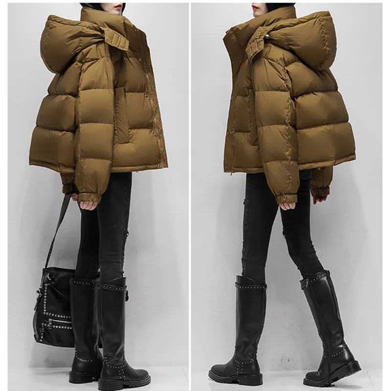 Women\'s Short Brown Down Jacket Clothes 2024 Winter New Fashion 90White Duck down Thicken Coat Female Loose Hooded Parka Outwear