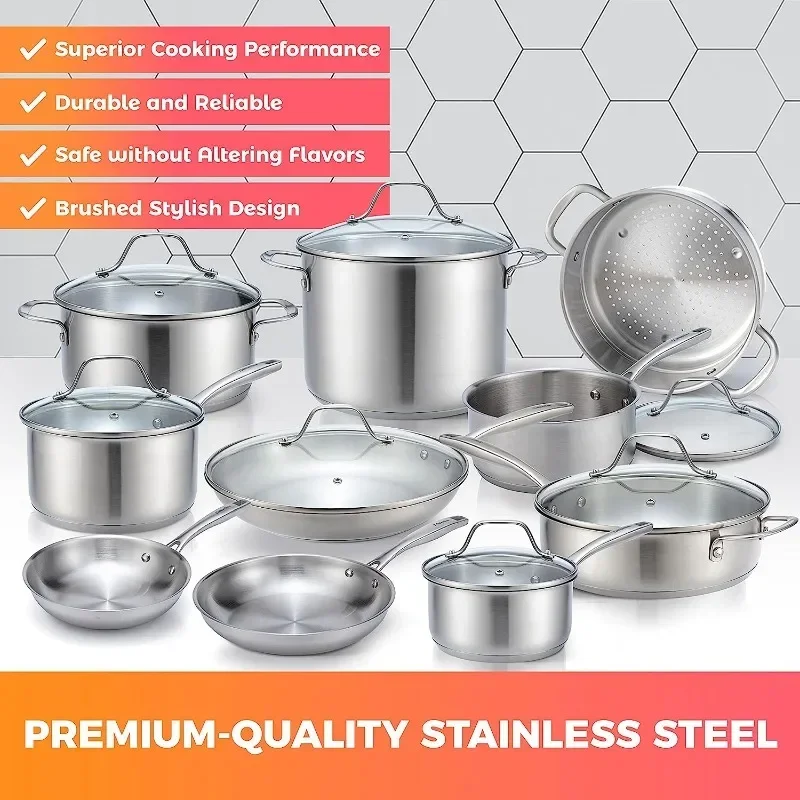 Mueller Pots and Pans Set 17-Piece, Ultra-Clad Pro Stainless Steel Cookware Set, Ergonomic EverCool Handle, Includes Saucepans