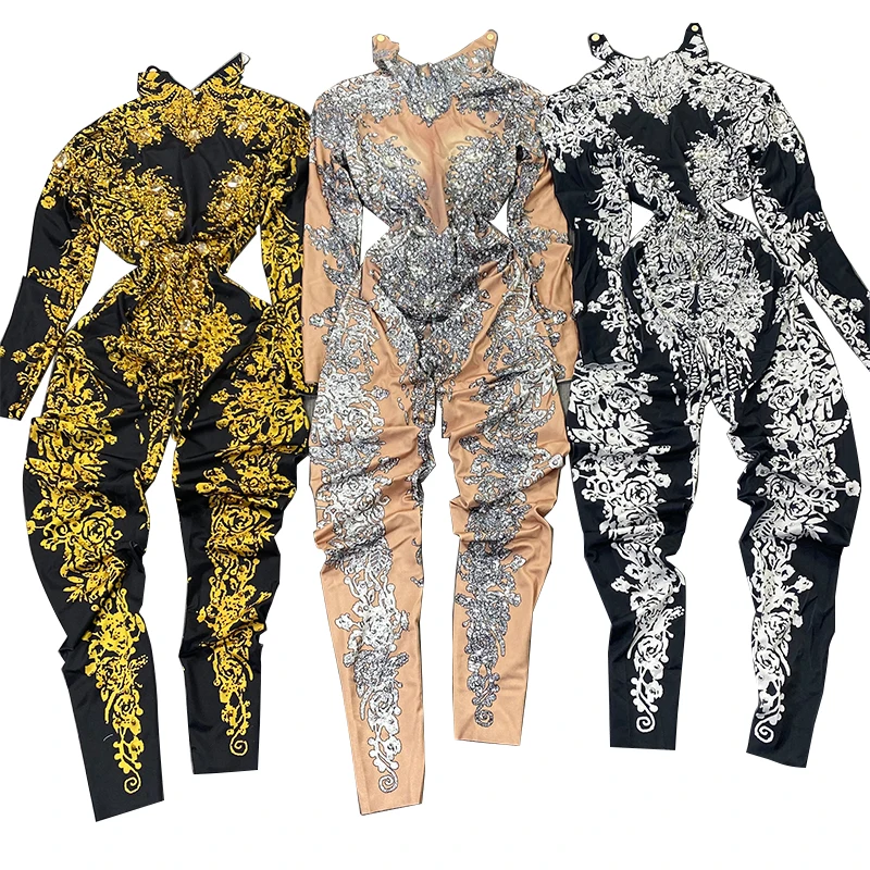 

Elegant Sparkly clubwear bodycon rhinestone jumpsuits rompers high neck Evening Singer Party club outfits stage drag queen