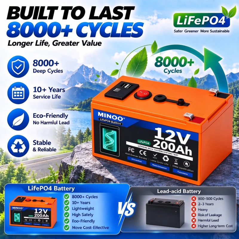 LiFePO412V 200AH battery with charger, 12V lithium battery built-in in 200A BMS 8000+Cycle Foam for quick transportation from Bo