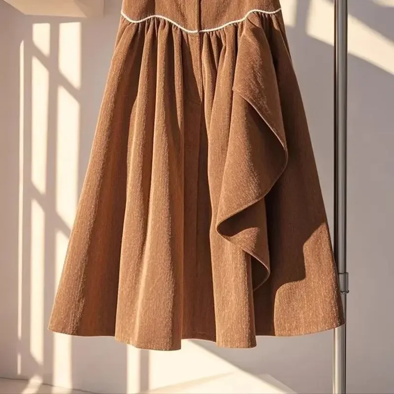 ใหม่แฟชั่น Corduroy กระโปรงผู้หญิงฤดูใบไม้ร่วงฤดูหนาว Ruffles เอวสูง Casual A-Line พับกระโปรง Patchwork Contrast สี Jupe