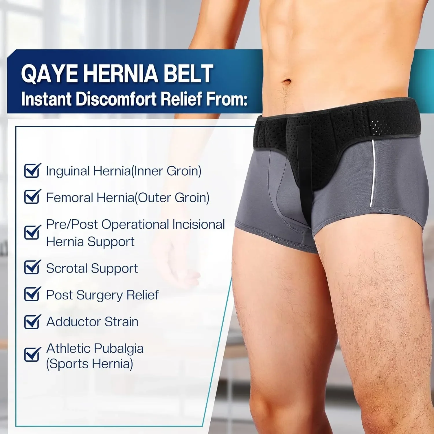 Unisex Inguinal Hernia Support Belt - Left/Right Side Inguinal Hernia Support with Removable Compression Pads, Black