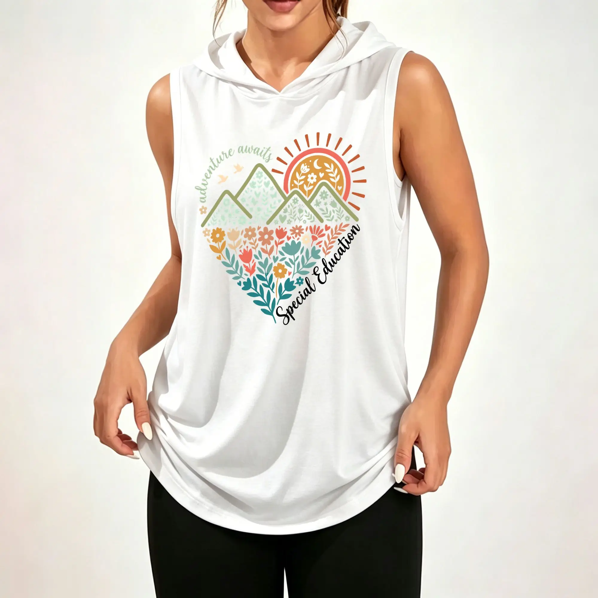Women's Sleeveless Hoodie, Adventure Awaits Heart‑Shaped Mountain Floral Sun Special Education Graphic Print Casual Hooded Tank Top