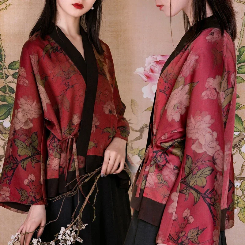 

Fashion Women Red Japanese Kimono Chinese Style Retro Hanfu Cardigan Casual Printed Coat Blouse Oriental Jackets Tops Robes Gown