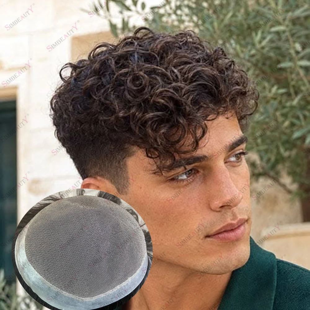Super Ventilated Lace&PU 100% Human Hair Toupee 18mm/20mm Curly Hair Men's Hair Replacement Capillary Prosthesis European Men