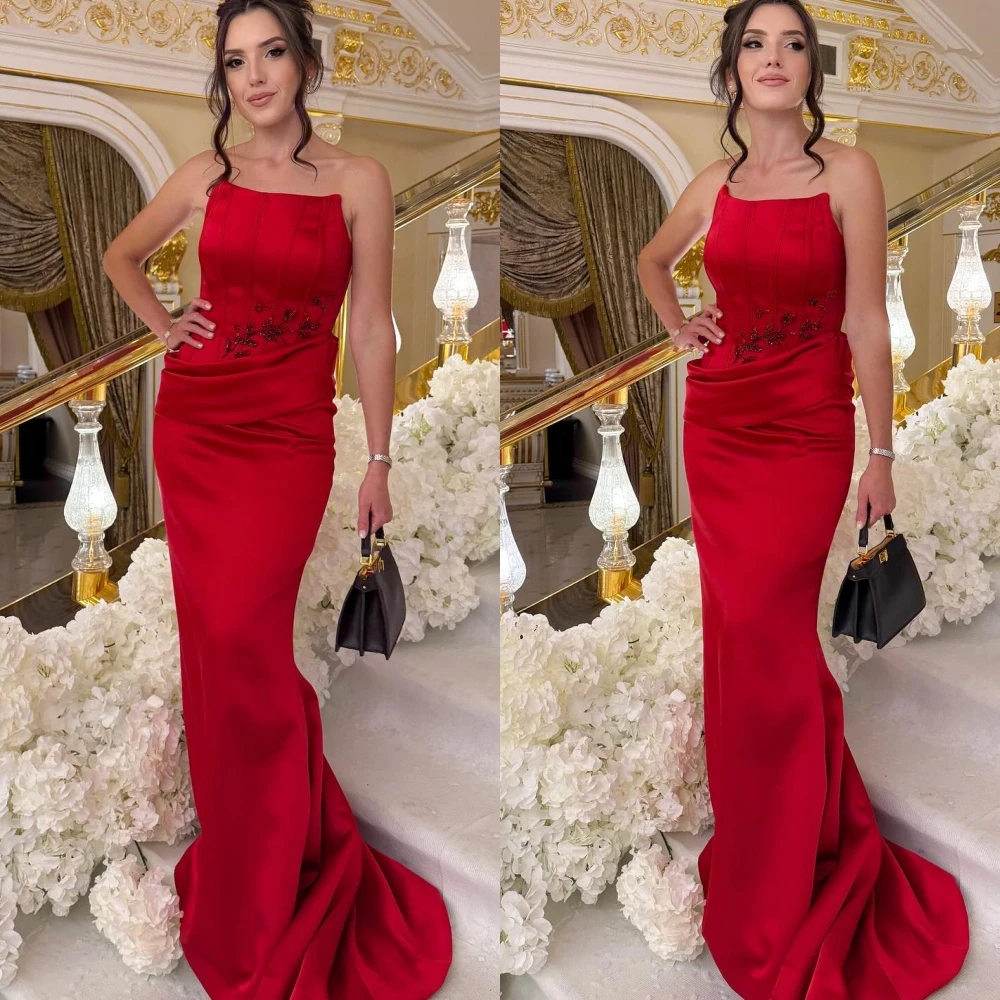 Customized Classic Appliques Strapless Mermaid Evening Dress Red Satin Sleeveless Exquisite Prom Dress Temperament Party Dress