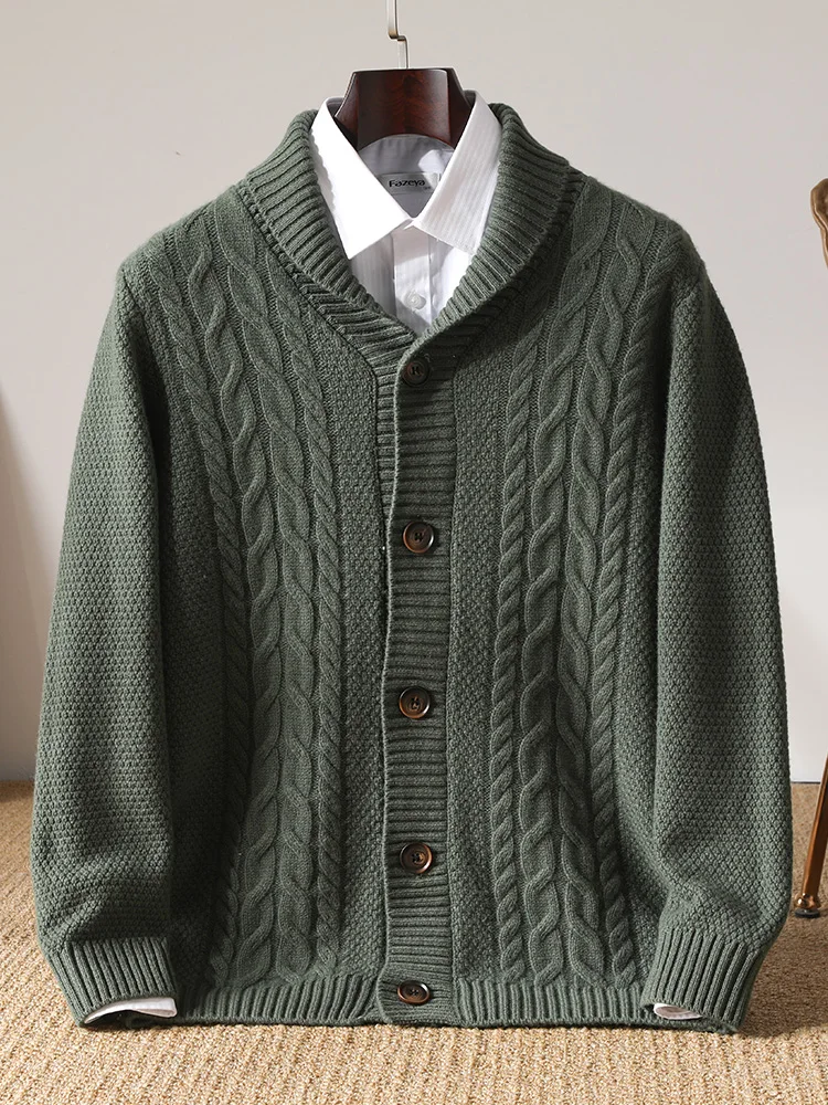 

100% Wool button-up cardigan men's green fruit collar thickened solid color sweater business casual cashmere knitted jacket