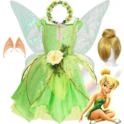 Fairy Tinker Bell Dress for Girls Princess Costume Kids Cosplay Green Flower Fairy Elf Wings TinkerBell Carnival Party Clothes