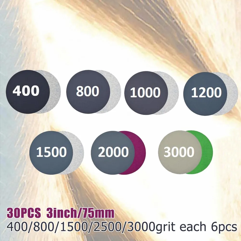 30* Sanding Disc 30pcs 3In 400-3000grit Abrasive Pads Durability Flexibility Hook&Loop Silicon Carbide Wet/Dry New
