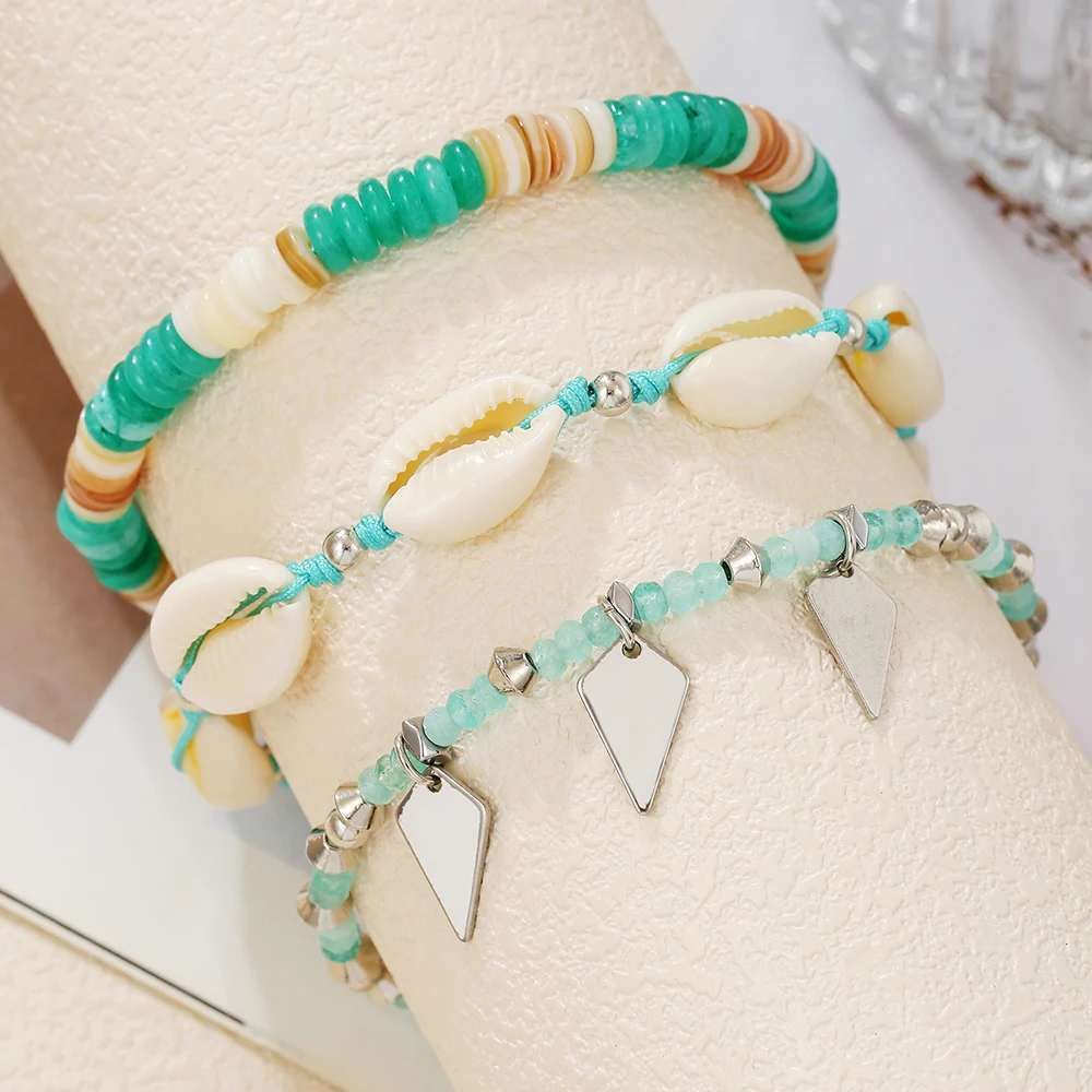 

Boho Handmade Stone Shell Strand Bracelet for Women Fashion Rhombus Pendant Charm Bracelet Accessories Holiday Jewelry Gifts