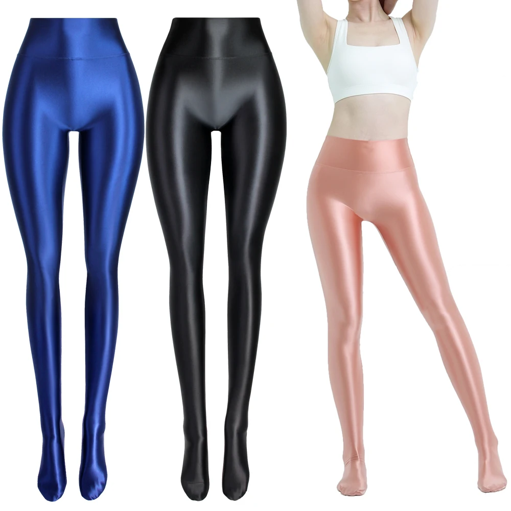 

MJINM Women Sexy Glossy Smooth Front Seamless Leggings Wetlook Pantyhose Fitness Yoga High Waist Tight Opaque Jeggings Plus Size