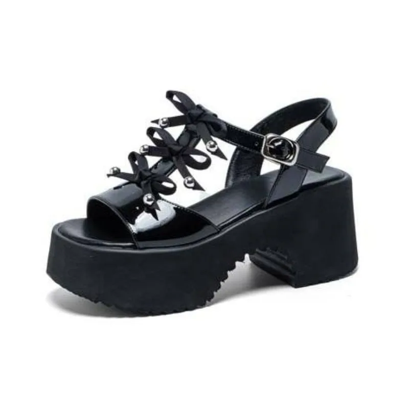 Genuine Leather New Summer High Heel Sandals Women Girls Sweet Rhinestone Bow Platform Shoes Lolita Mass-production Sandals