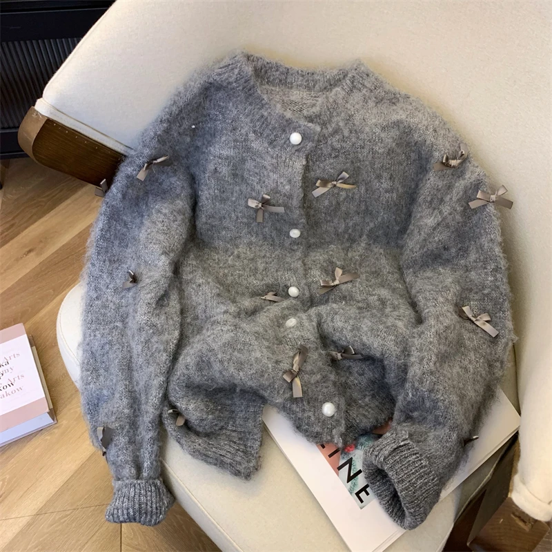 Grey Bowtie Mohair Knit Cardigan Sweater Women Elegant Fashion Stylish Vintage Coat Tops 2024 Spring Long Sleeve O-neck Jumpers