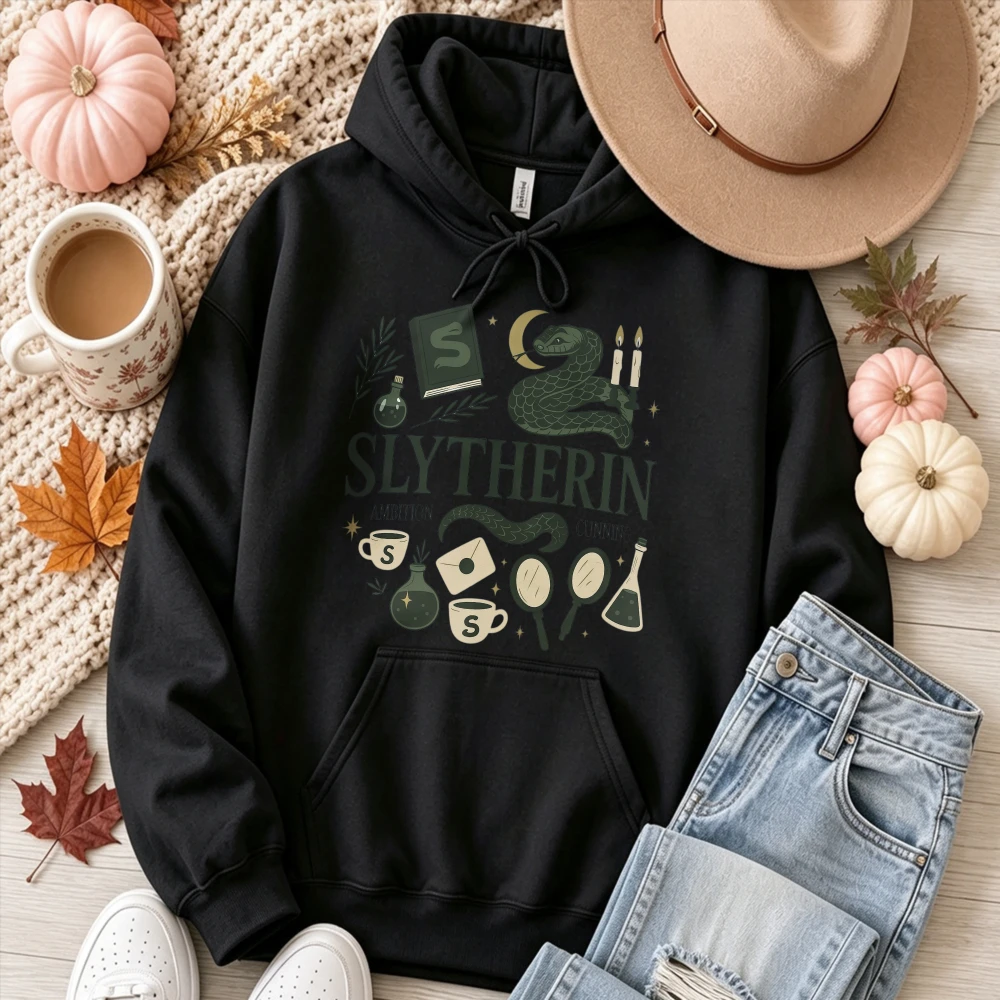 Slytherin Wizard Magic Items Graphic Hoodie Pullover Hooded Snake Moon Potion Bottle Spell Book Print Casual Fantasy Streetwear