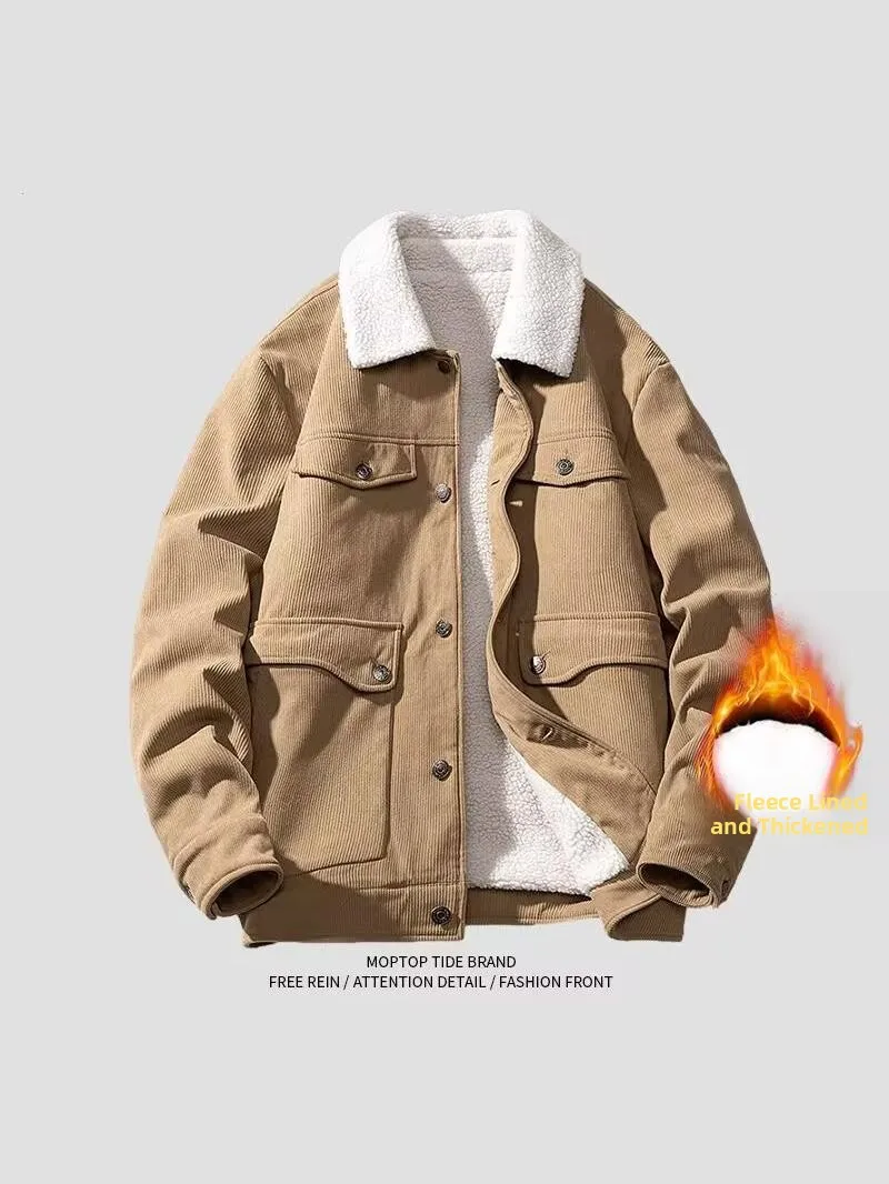 سترة عمل رجالية أنيقة مبطنة بالصوف السميك بتصميم عتيق من قماش الحمل المخملي، معطف شتوي قطني شبابي شعبي بأكمام طويلة وقصة قياسية