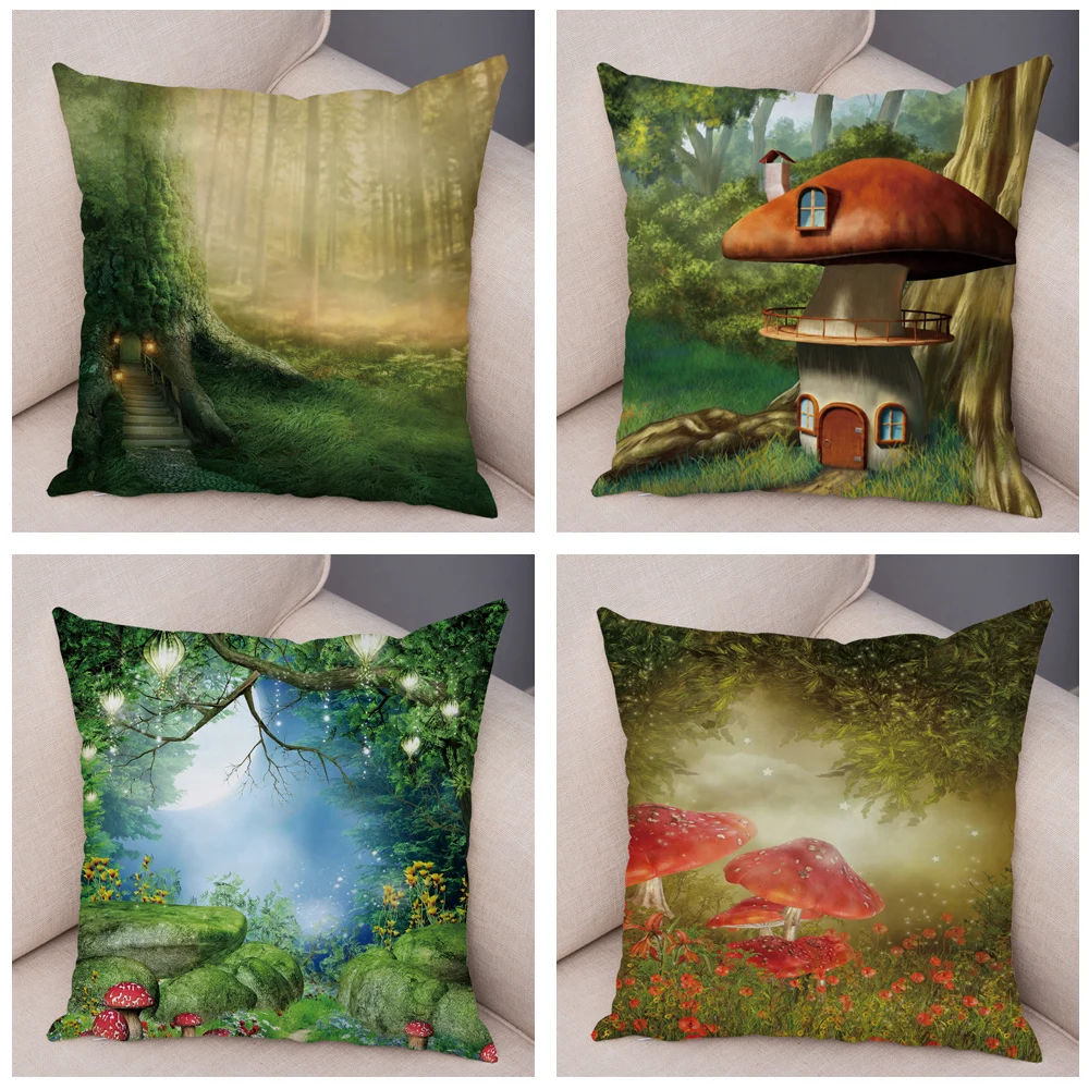 Fantasy Forest Mushroom House Cushion Cover Both Sides Throw Pillow Case for Sofa Home Car Decor Cartoon Fairy Tale Pillowcase