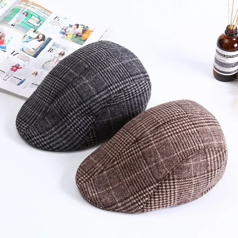 Men's Cotton Plaid Berets Caps for Men Women Middle-Aged Autumn Winter Hats Boina Herringbone Newsboy Baker Tweed Boy Hat