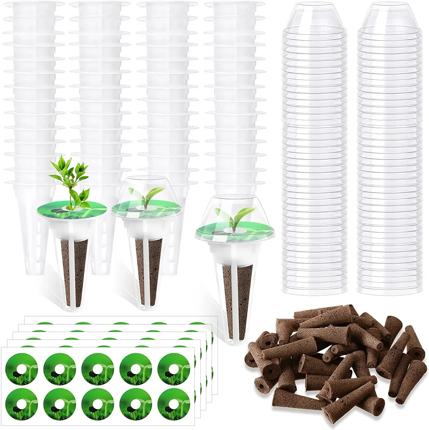 200pcs Hydroponic Growing Kit Replacement Grow Basket Plant Grow Sponges Labels Stickers Clear Lid for Hydroponic Growing System