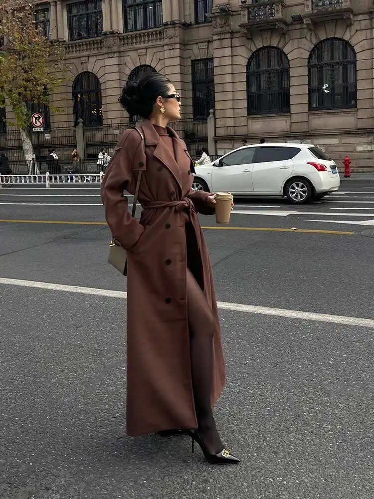 Casaco de Lã com Decote em V e Dupla Frente, Estilo Casual e Solto para Mulheres, Novo Casaco Longo de Inverno, Trench Marrom