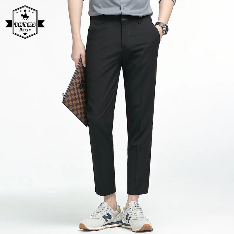 

Men's Solid Color Slim Fitting Suit Pants Business Affairs Office Work Formal Cropped Pants Male Casual Pencil Trousers Spring