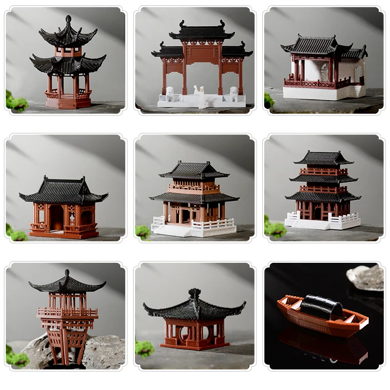 ชุดโมเดลศาลาจีนโบราณทรงแปดเหลี่ยมและหกเหลี่ยมขนาดจิ๋วสำหรับตกแต่งตู้ปลา ตกแต่งภูมิทัศน์อาคารโบราณ