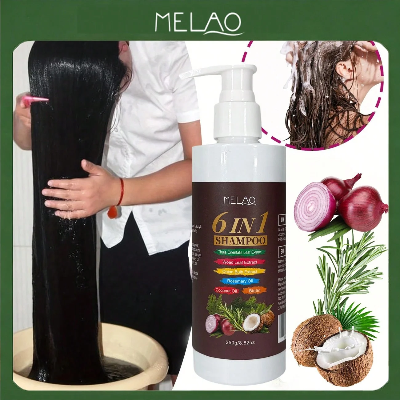 MELAO 6 IN 1 Shampoo with Biotin, Onion & Rosemary Oil, Deeply Cleanses & Nourishes Hair, Adds Shine, Softness & Manageability