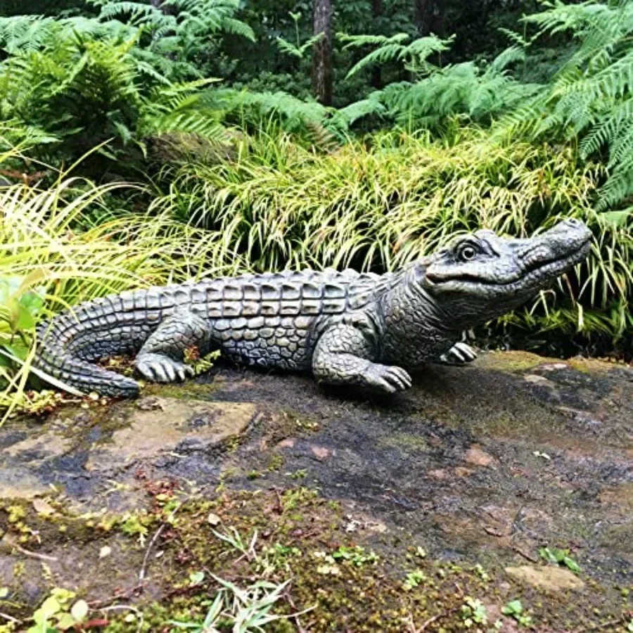 Beach Garden Pool Decoration: Realistic Lying Alligator Statue, 20 in., PVC Material, Green Color, Weather-resistant and Lifeli