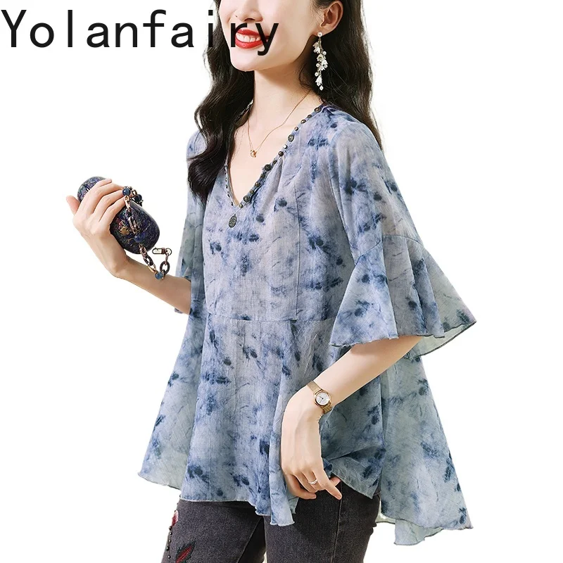 

YOLANFAIRY Elegant Shirts for Woman Summer 2025 Floral Chiffon Shirt Loose Tee Shirt Femme Women Top Blouses Butterfly Sleeves