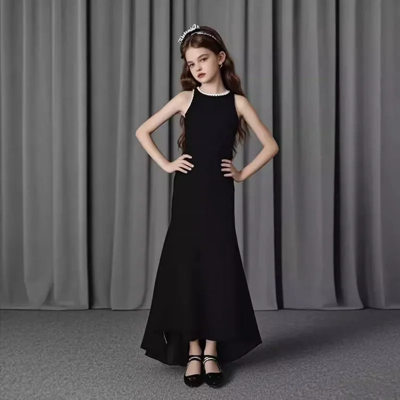 

Kids Girls Black Evening Dress Gown for Piano Recital Performance Model Runway Flower Girl Children Pageant Party Host Costume
