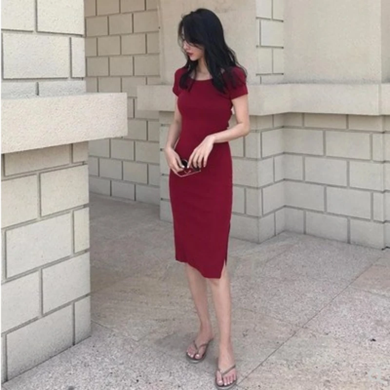 

2025 Spring and Summer New Korean Version Ins Hip Skirt Sexy Mid-length Slit Short Sleeve Backless Base Dress for Women