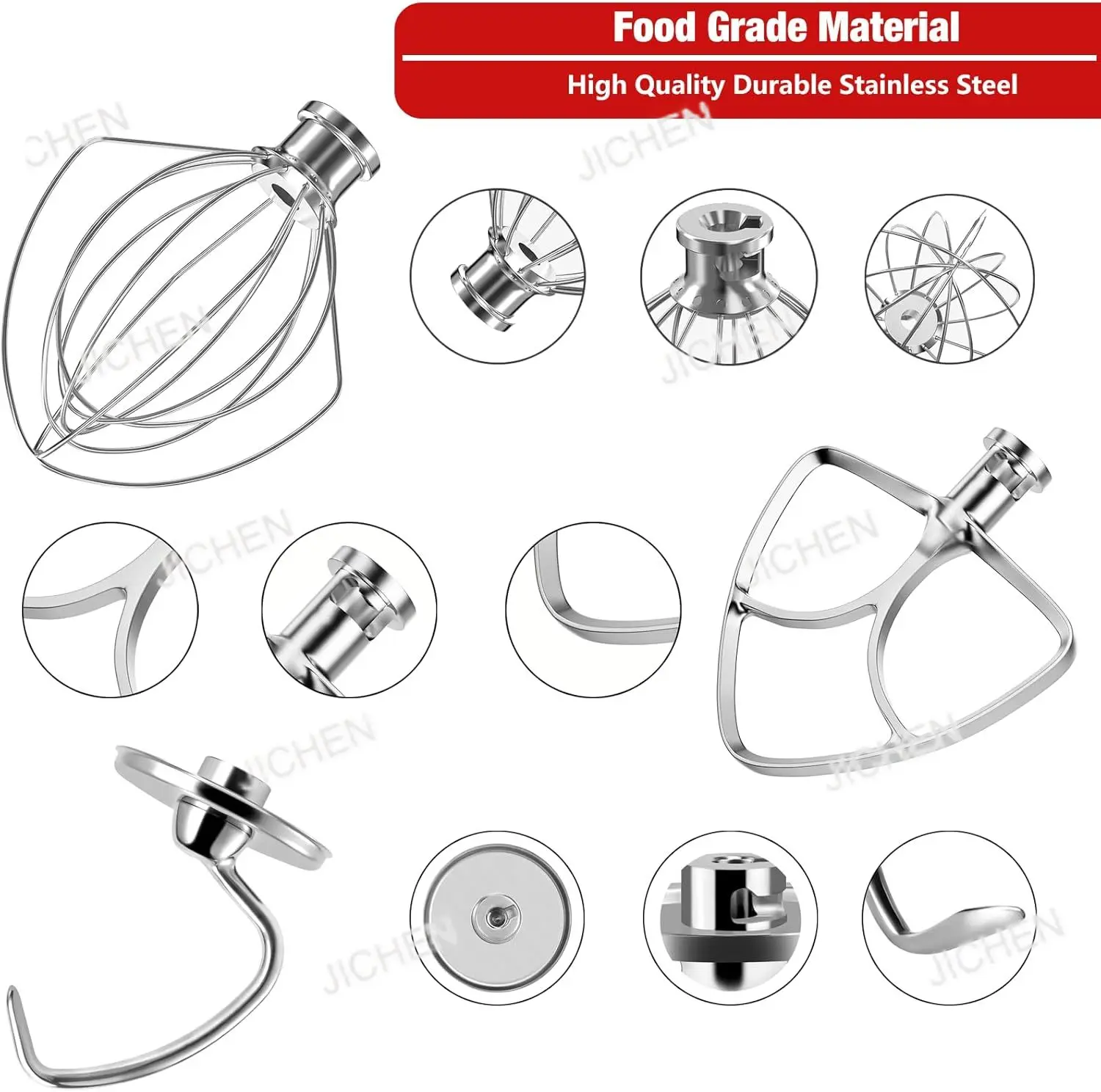 

Stainless Steel Stand Mixer Attachments 3-Piece ( Flat Beater, Dough Hook,Whip Attachment) for 4.5-5 Quart Bowl