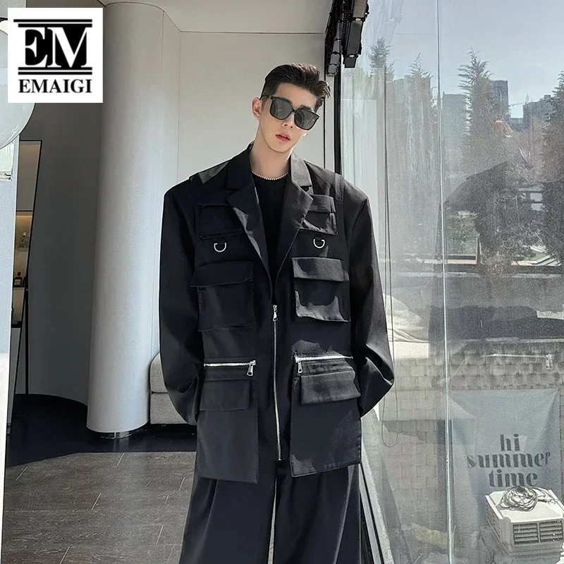 Men Multi Pocket Japanese Korean Streetwear Fashion Loose Casual Oversized Vintage Cargo Suit Blazers Jacket Man Coat Outerwear