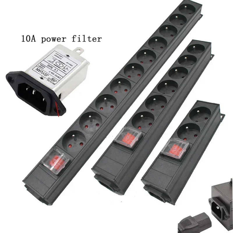 PDU Power Strip Distribution Unit Cabinet 2/4/6/8/10 Way  France Socket Break Switch Aluminum alloy shell iec C14 Interface