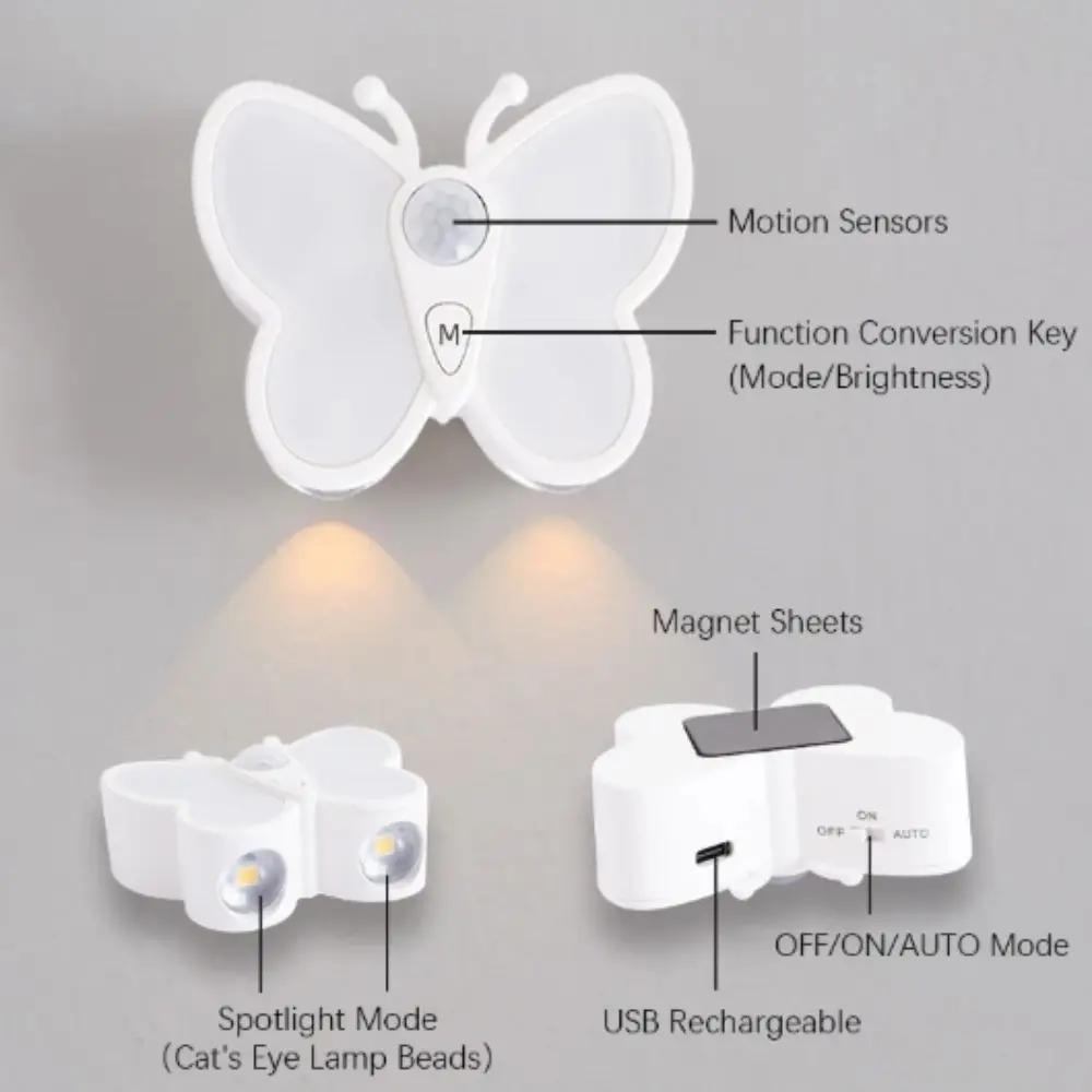 تعديل درجة حرارة اللون المزدوج، مستشعر حركة الفراشة، ضوء ليلي، شحن USB، LED تحت أضواء الخزانة