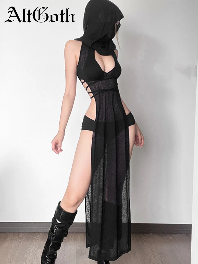 AltGoth Coquette Dark Gothic Sexy Dress Women Vintage Y2k Cyberpunk See Through Cut Out Split High Waist Knitted Hooded Dress