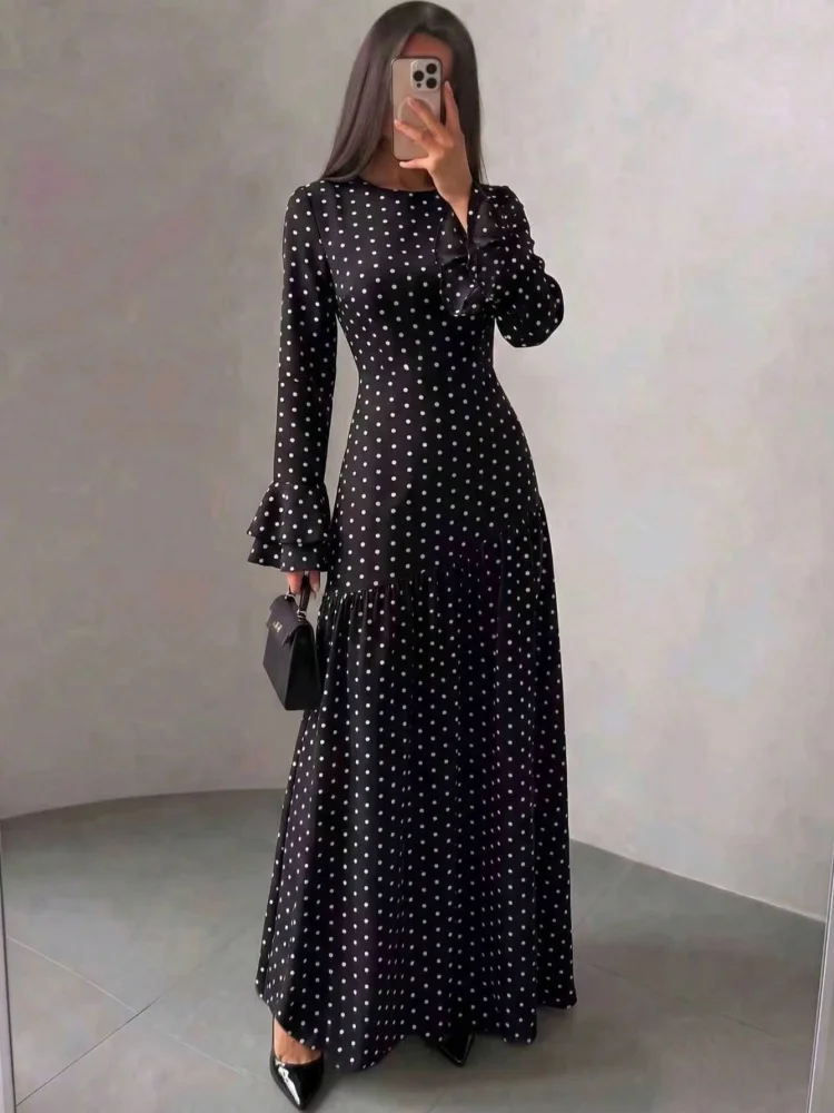 Women's Black & White Polka Dot Midi Dress, Round Neck, Bell Sleeves, Long Sleeves, Waist Tie, Ruffle Hem, Back Cutout, Casual E