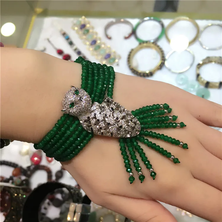 Handmade leopard micro inlay zircon clasp green stone multi-layer tassel bracelet bracelet gift box packing