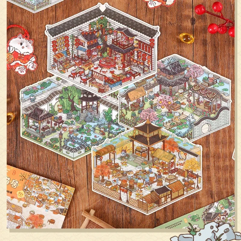DIY Cartoon Cat Leisure Life In 4 Seasons Landscape Sticker 3D Pocket Cabin Scene Stacking Pasting Stickers Gift For