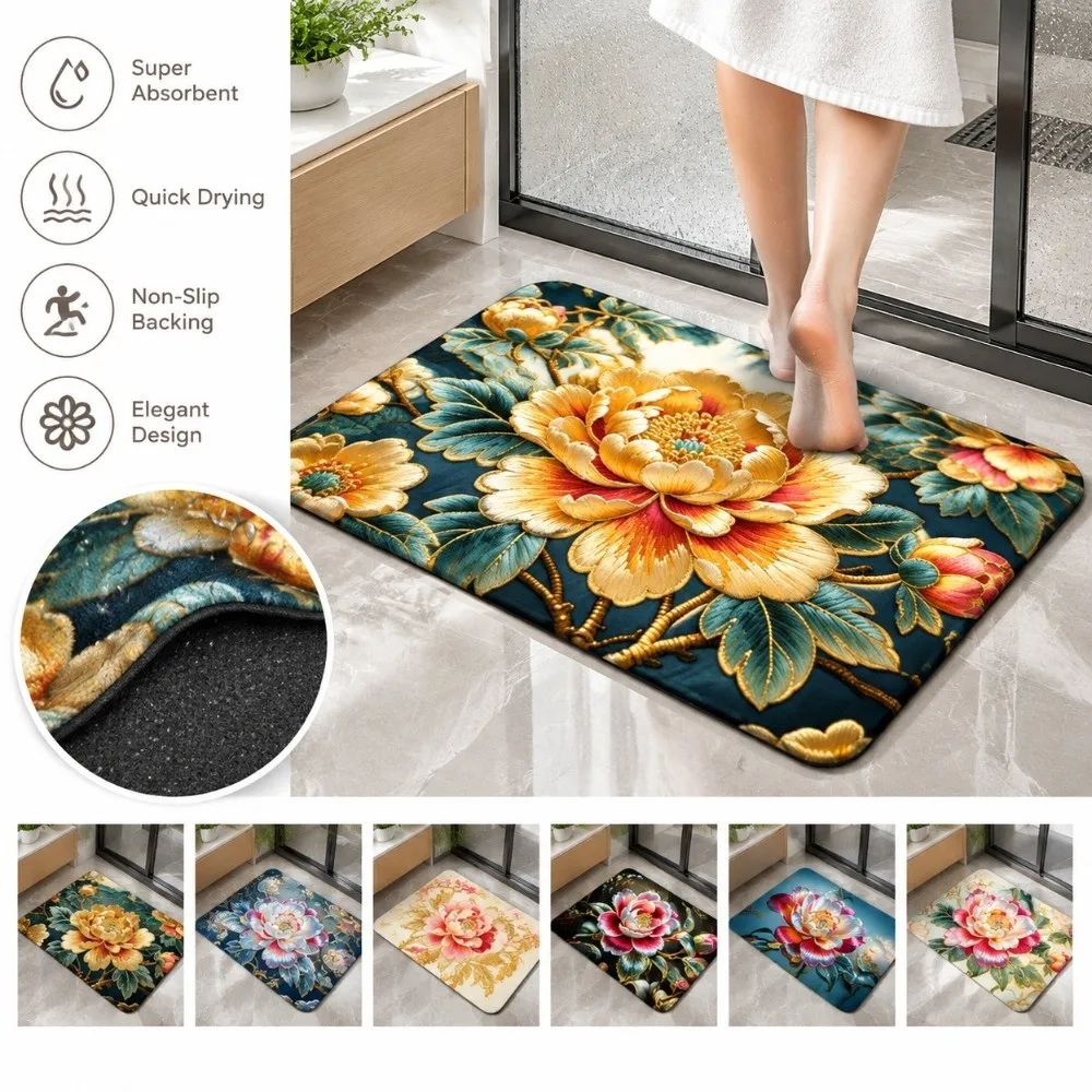 Elegant 2D Flower Carpet Soft Non-slip Door Gasket 40x60cm Absorbent Bathroom Floor Mat Home Decoration