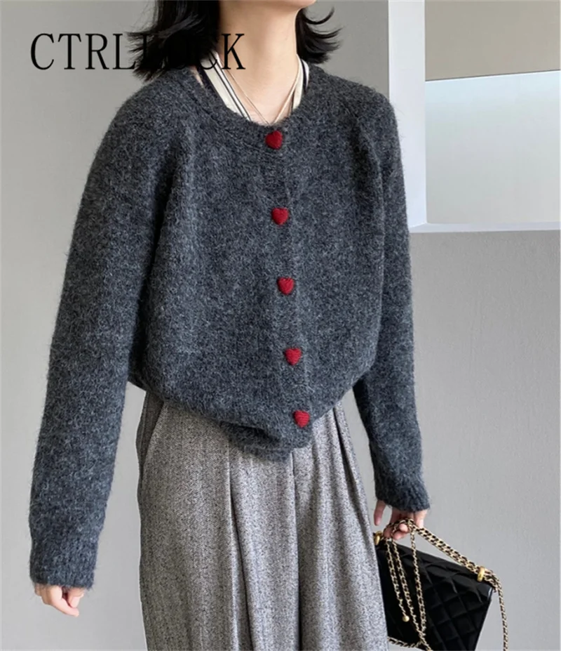 Cute Wool Red Heart-shaped Button Sweater Jacket For Women Autumn Loose Round Neck Open Stitch