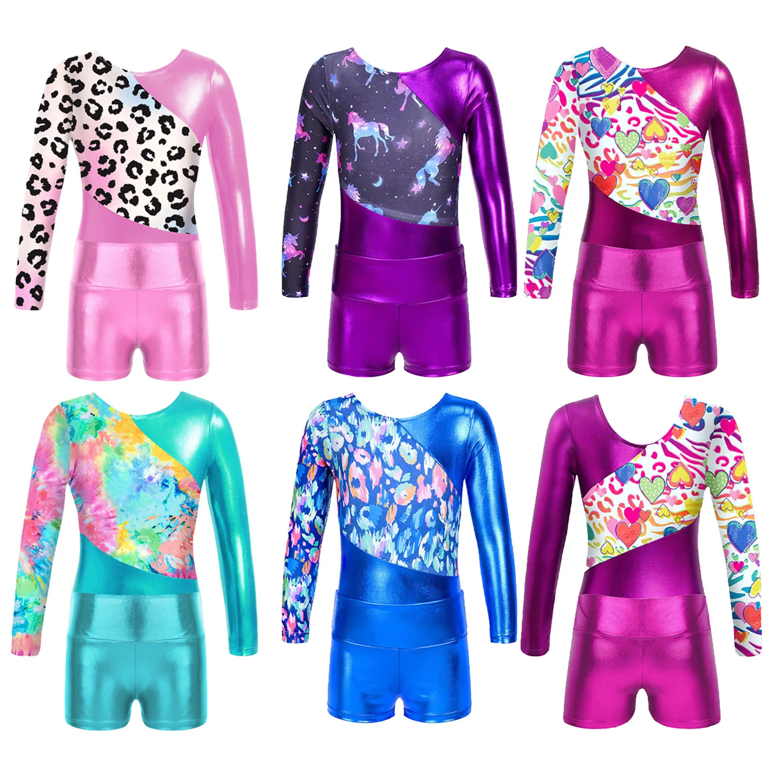 Kids Girls Printed Swimsuits Long Sleeve Patchwork Leotard with High Waist Shorts for Swim Gymnastic Ballet Dance Performance