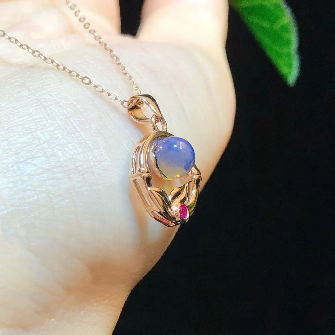 Certified 925 Sterling Silver Natural Blue Amber Necklace Pink CZ Leaf Openwork Pendant Rose Gold Tone Women Daily Fine Jewelry