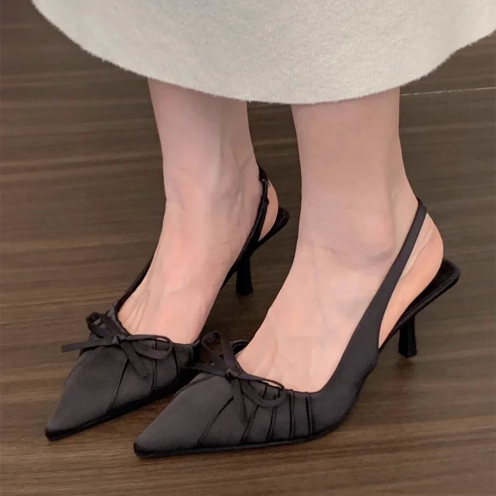 Summer New Fashion After The Ring Belt Sexy Banquet Bow Women's Shoes Pointy Comfortable Solid Color Elegant High Heel Sandals