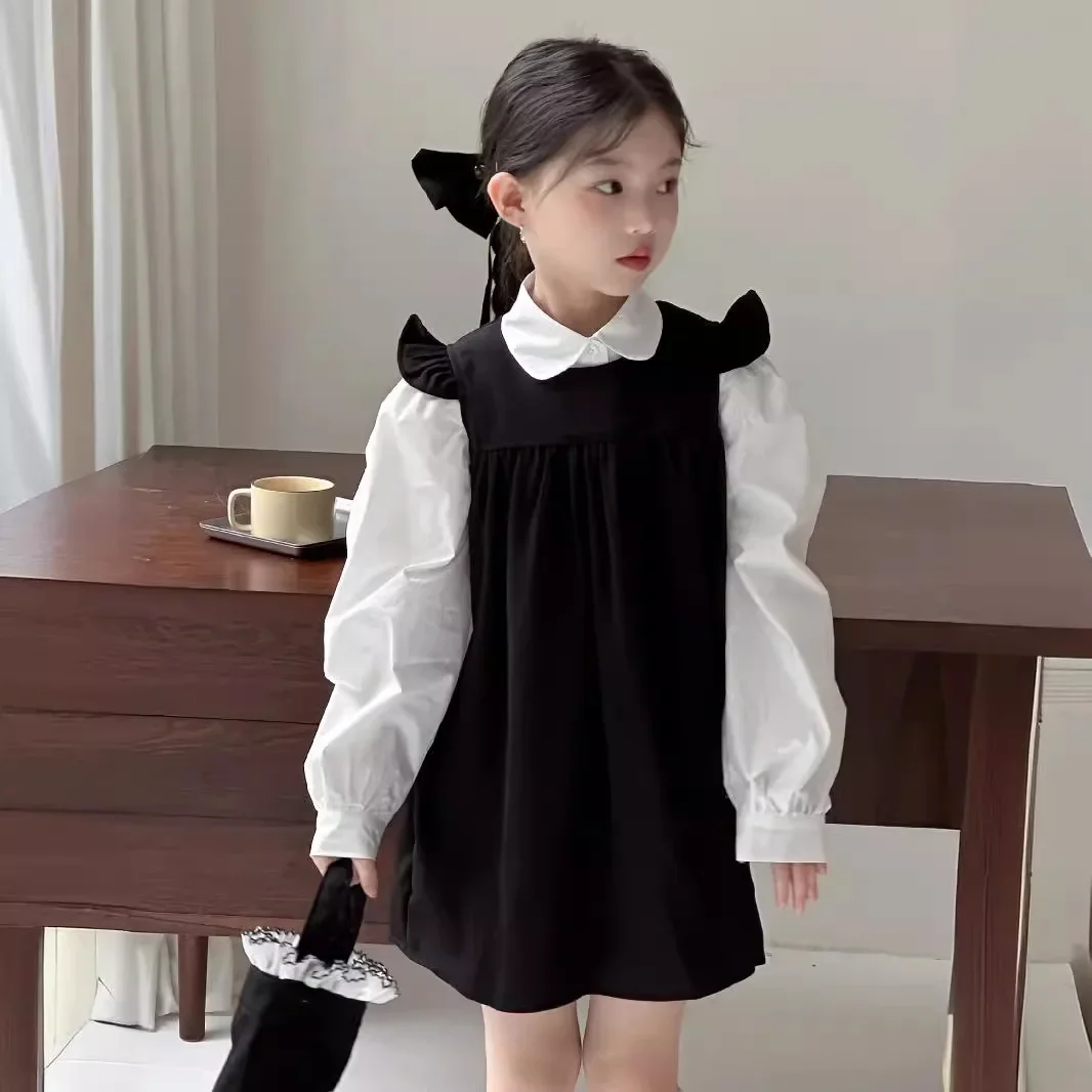 

Childrens Jumper Skirt Shirt Set Autumn Girl Academic Shirt Flying Sleeves Solid Color Versatile Jumper Skirt Girls Causal Sweet