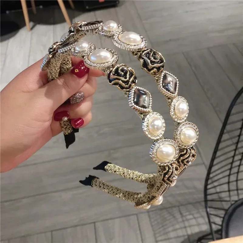 

Hairpin Women's Slim Style Minimalist Summer New Metal Rhinestone Pearl Headband Korean Pressed Hair Clip with Thin Edge