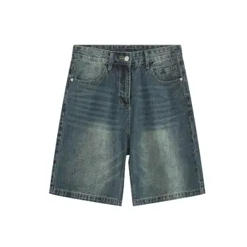 남성용 루즈 스트레이트 와이드 레그 5/4 청바지 반바지, 블루 데님 반바지, 2024 여름 신상 