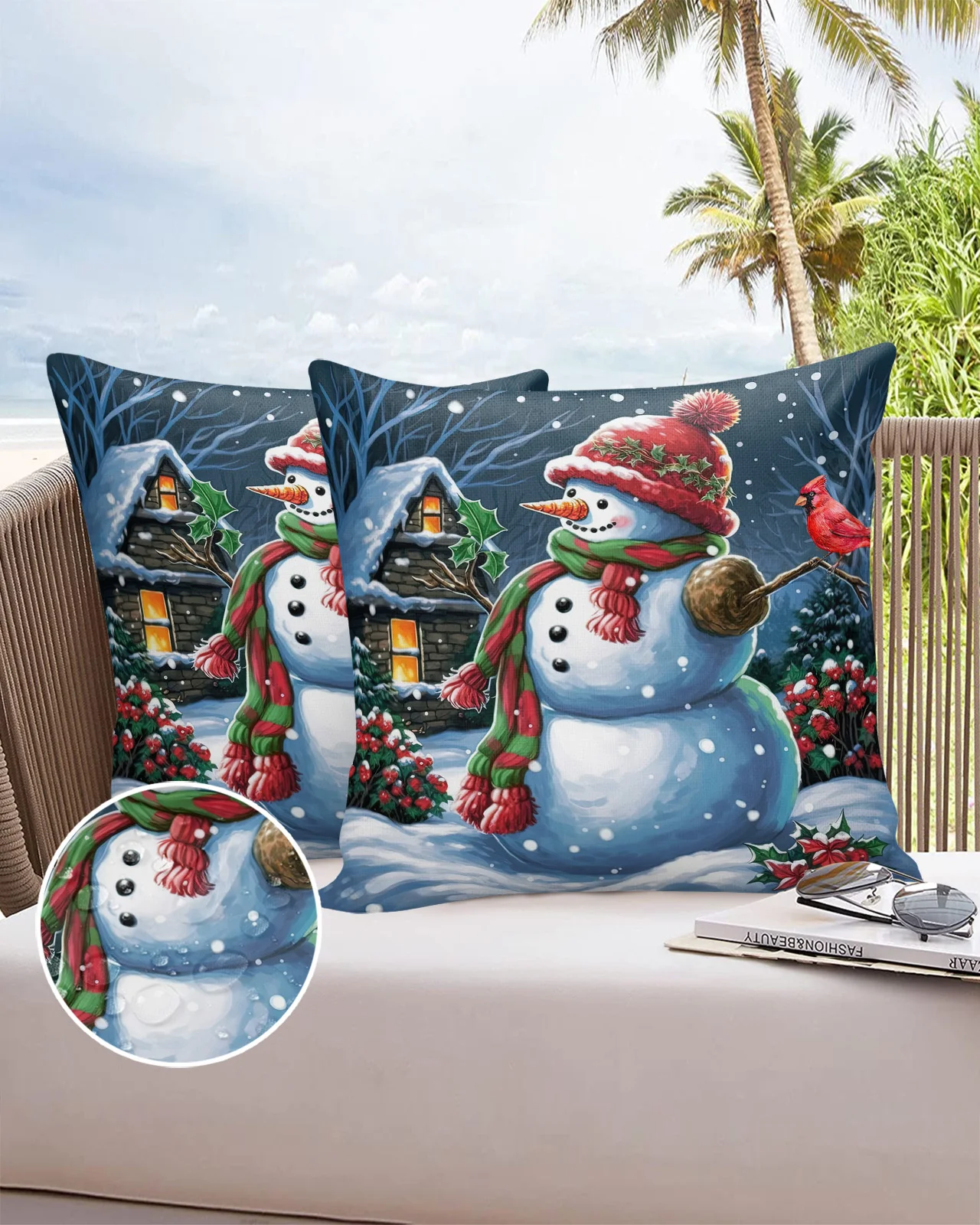 Christmas Snowman Bird House 2/4PCS Outdoor Pillowcase Waterproof Sofa Pillow Cover Case Garden Patio Cushion Covers Home Decor